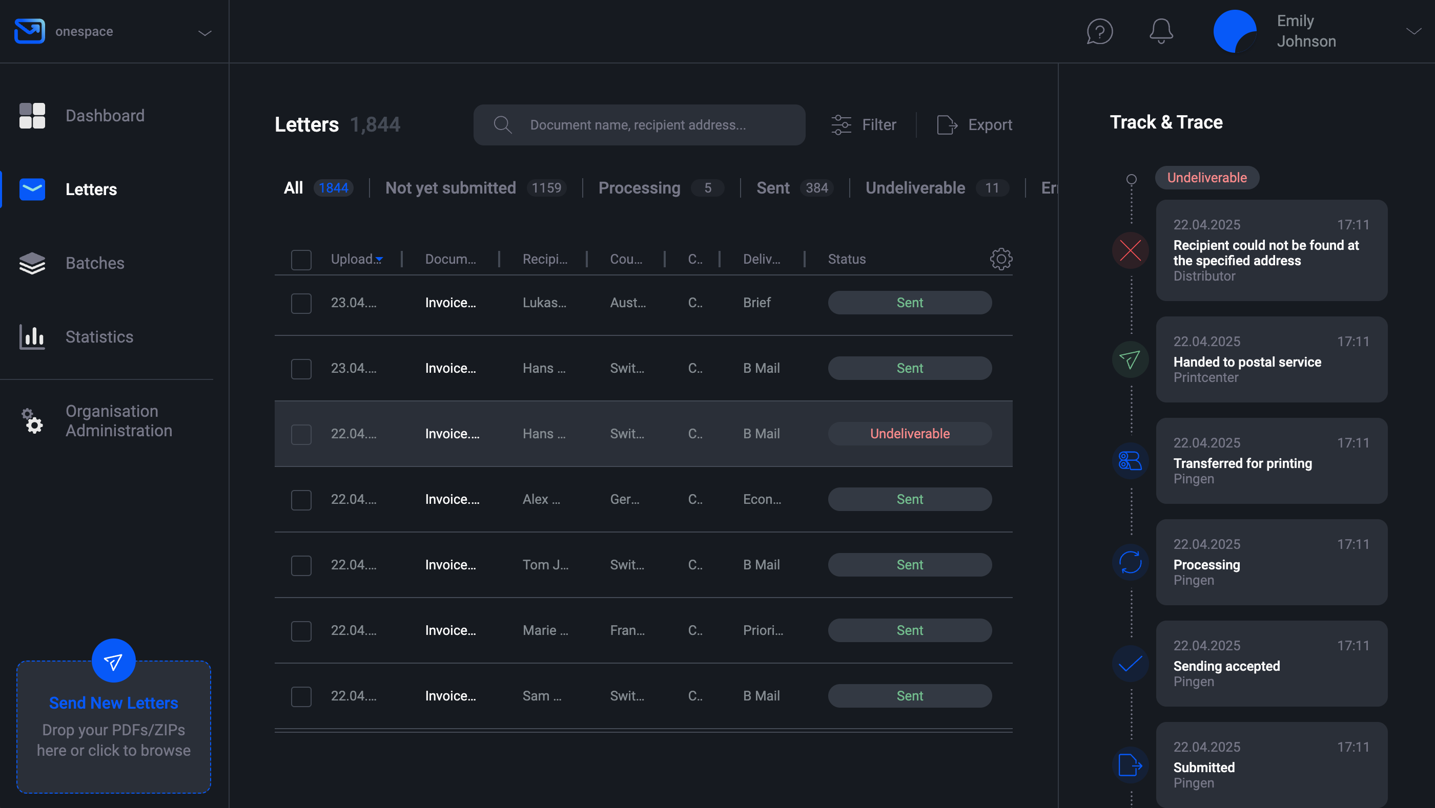 Pingen letter list showing digital return mail processing