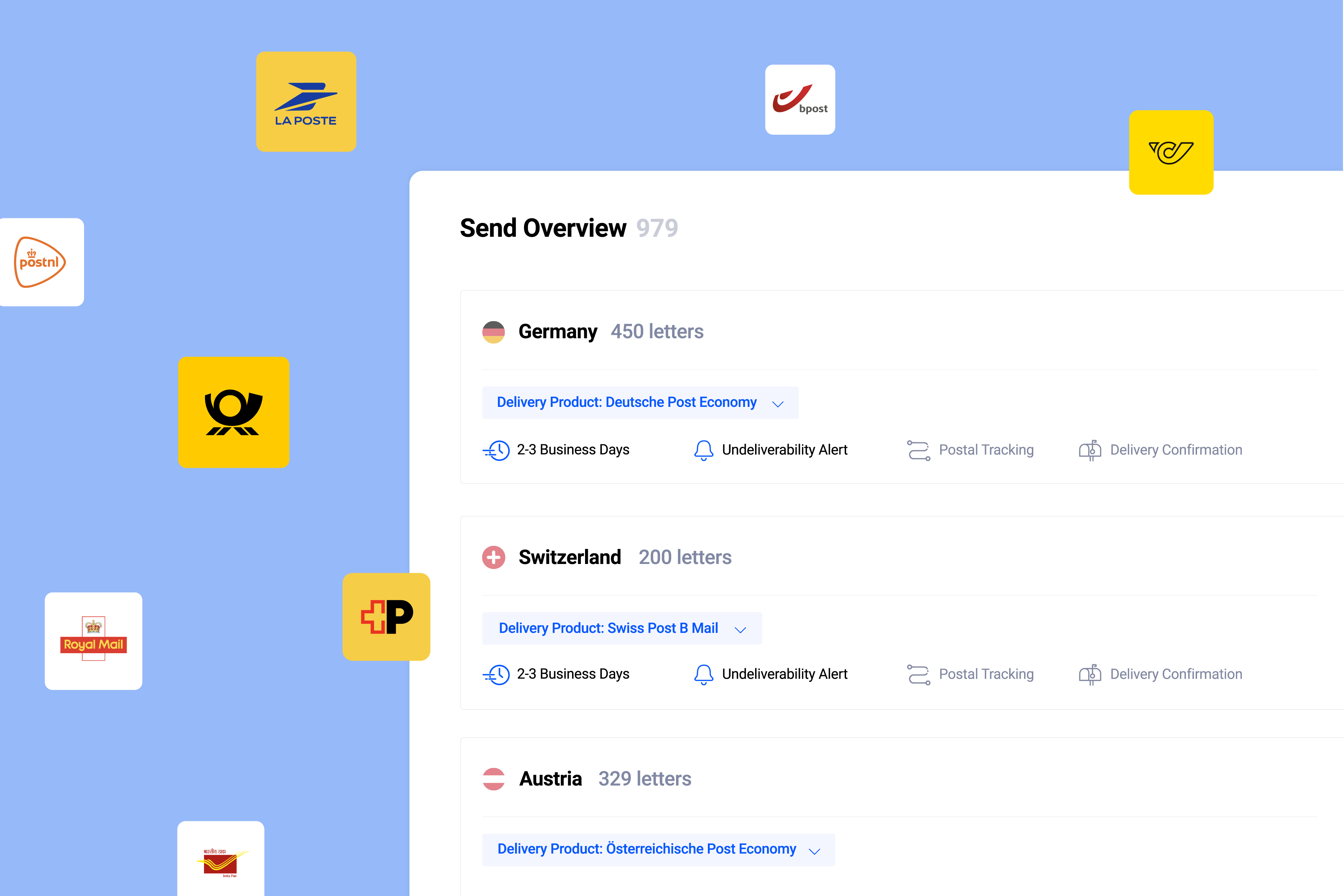 Pingen WebApp send overview with delivery partner logos including local post
