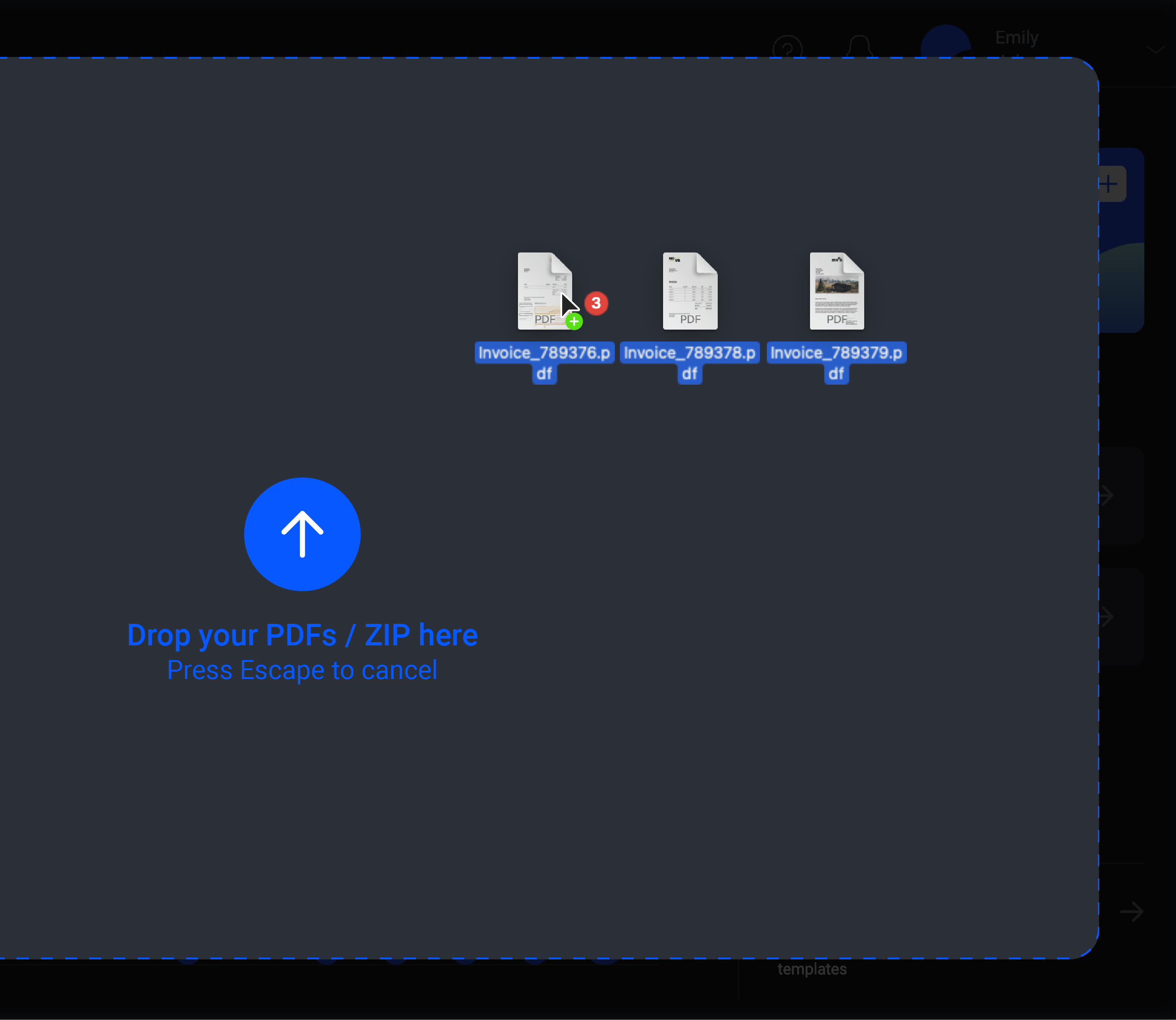 Pingen dashboard with a drag-and-drop area for uploading documents