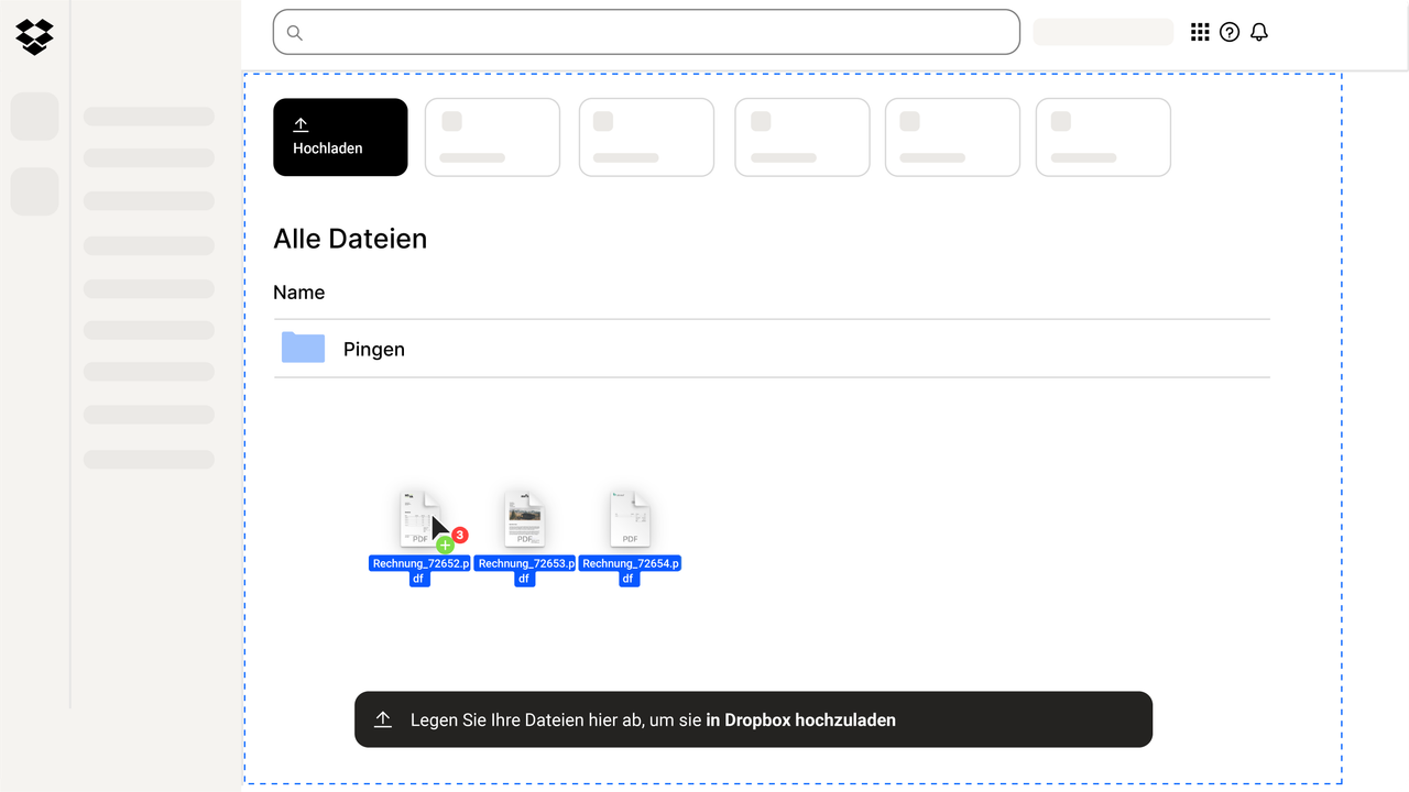 Pingen-Ordner in der Dropbox-App-Übersicht – Dateien per Drag-and-Drop hinzufügen