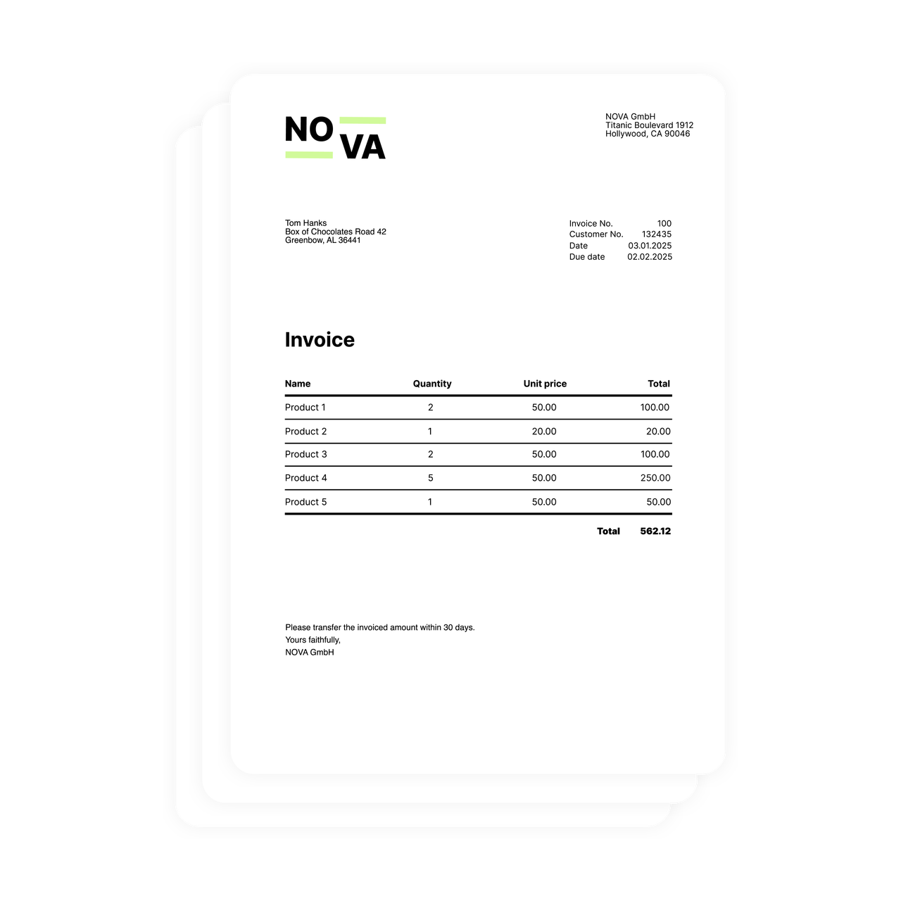 Bulk mailing example invoices