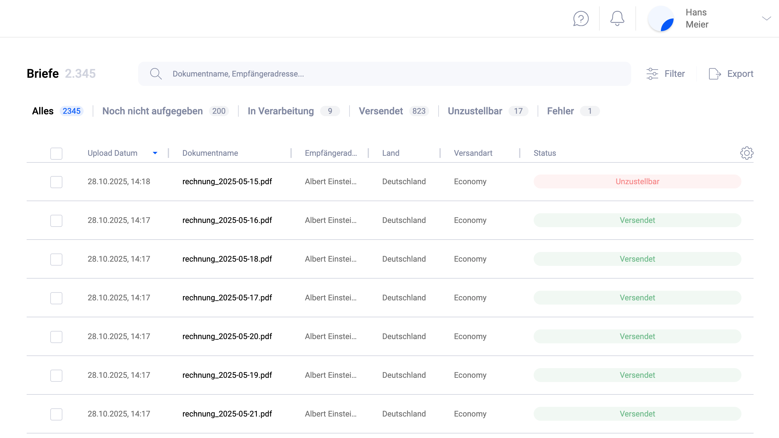 Detailübersicht eines Briefs in der Pingen-WebApp
