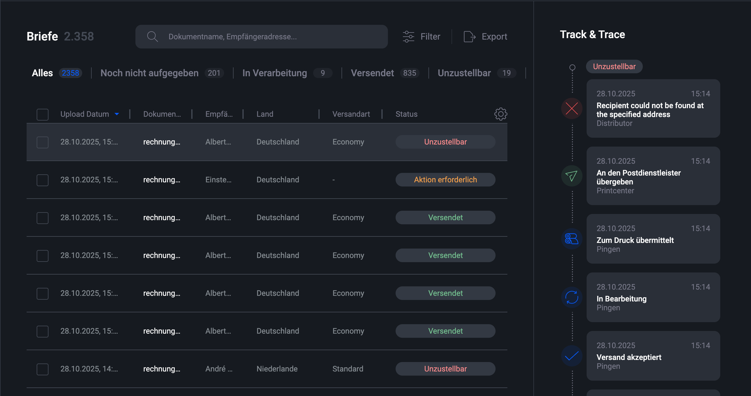 Pingen-WebApp automatische rücksendung