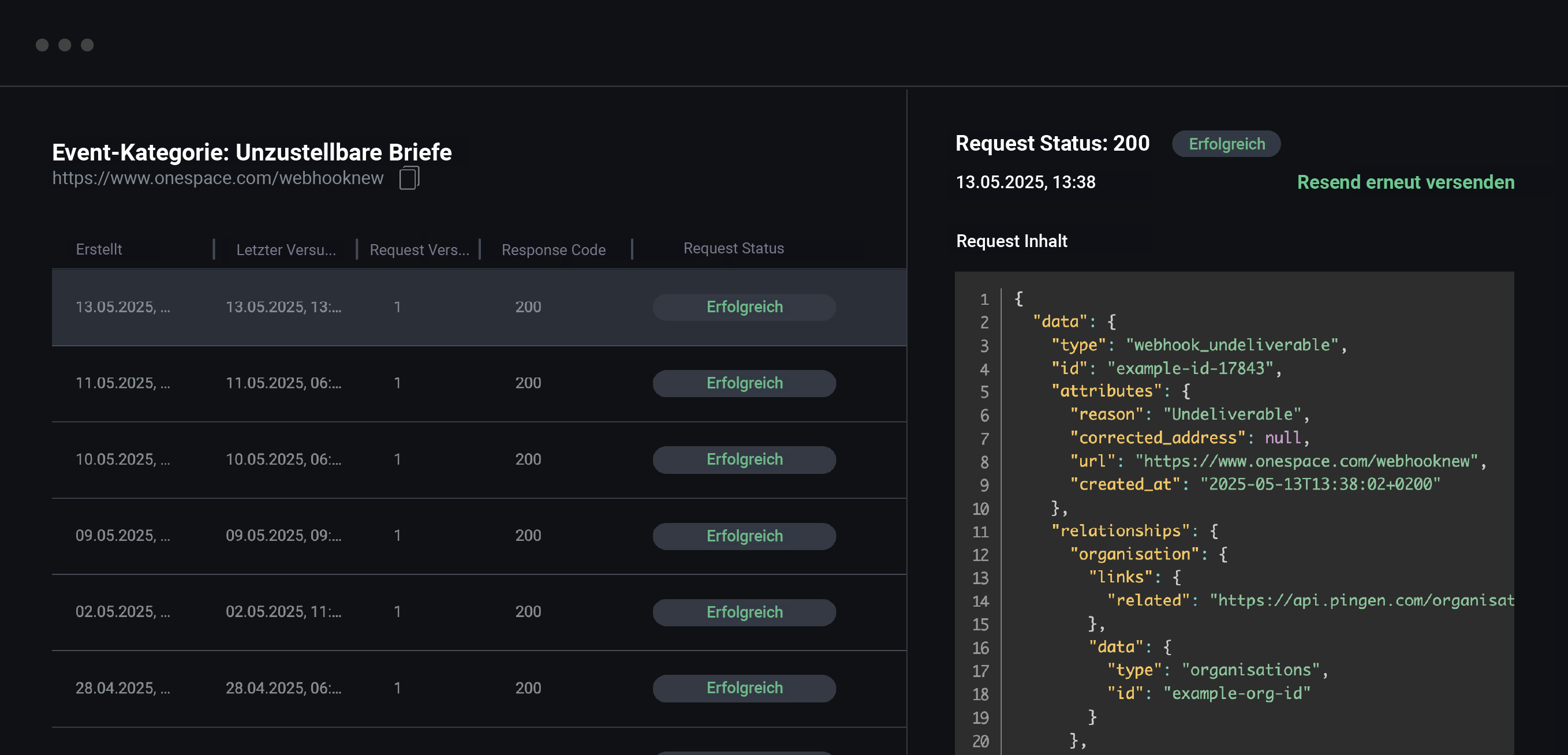 Pingen-Webhooks-Dashboard mit Details zum Ereignis einer unzustellbaren Sendung, JSON-Payload und Erfolgsstatus