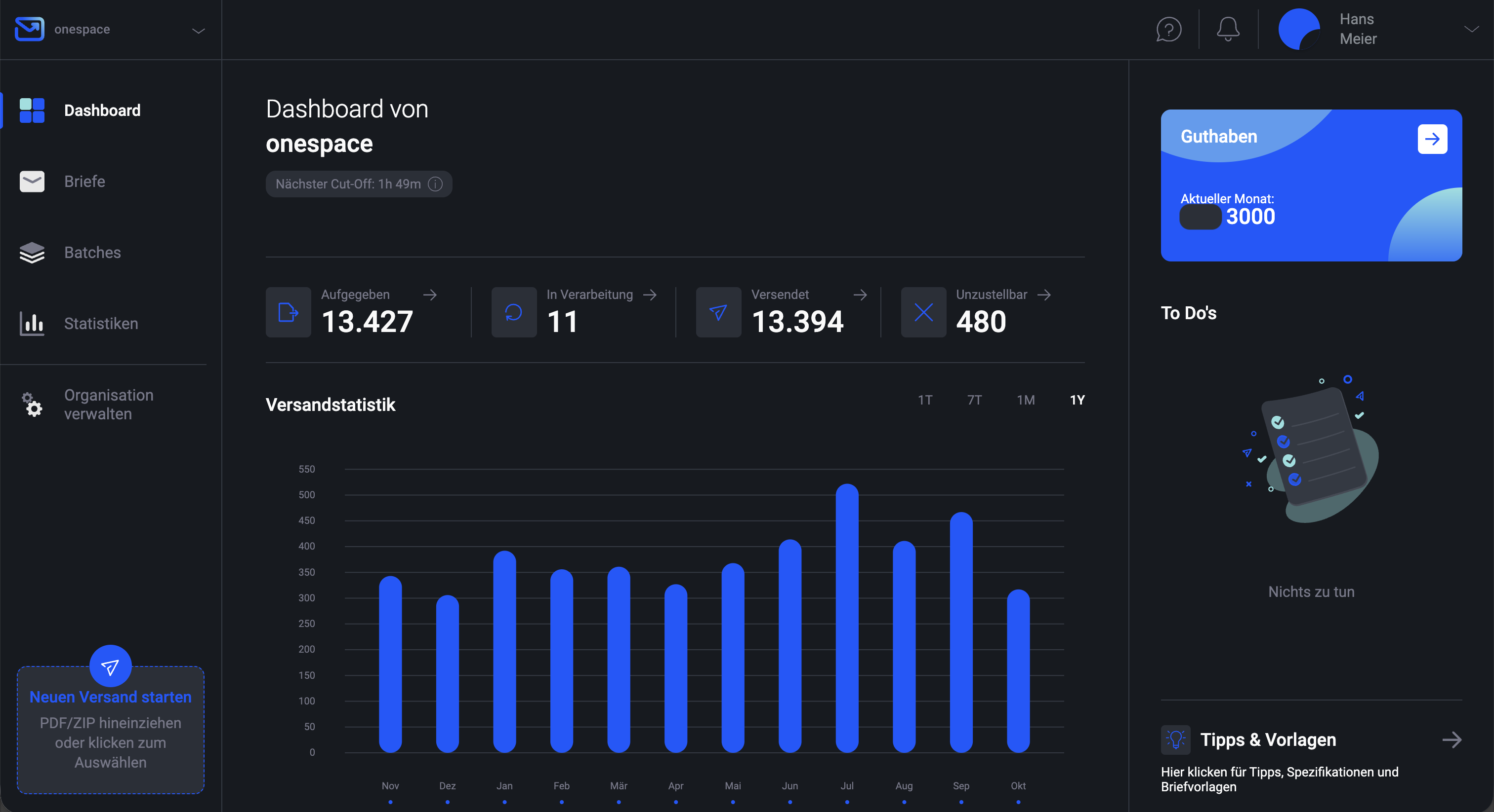 Dashboard der Pingen WebApp : Online post service